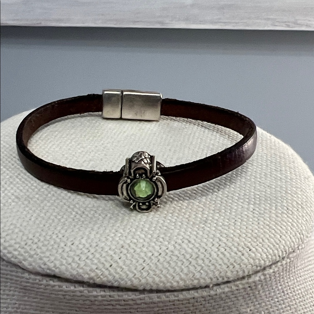 Brown Leather Bracelet with Green Stone Accent - Picture 2 of 4